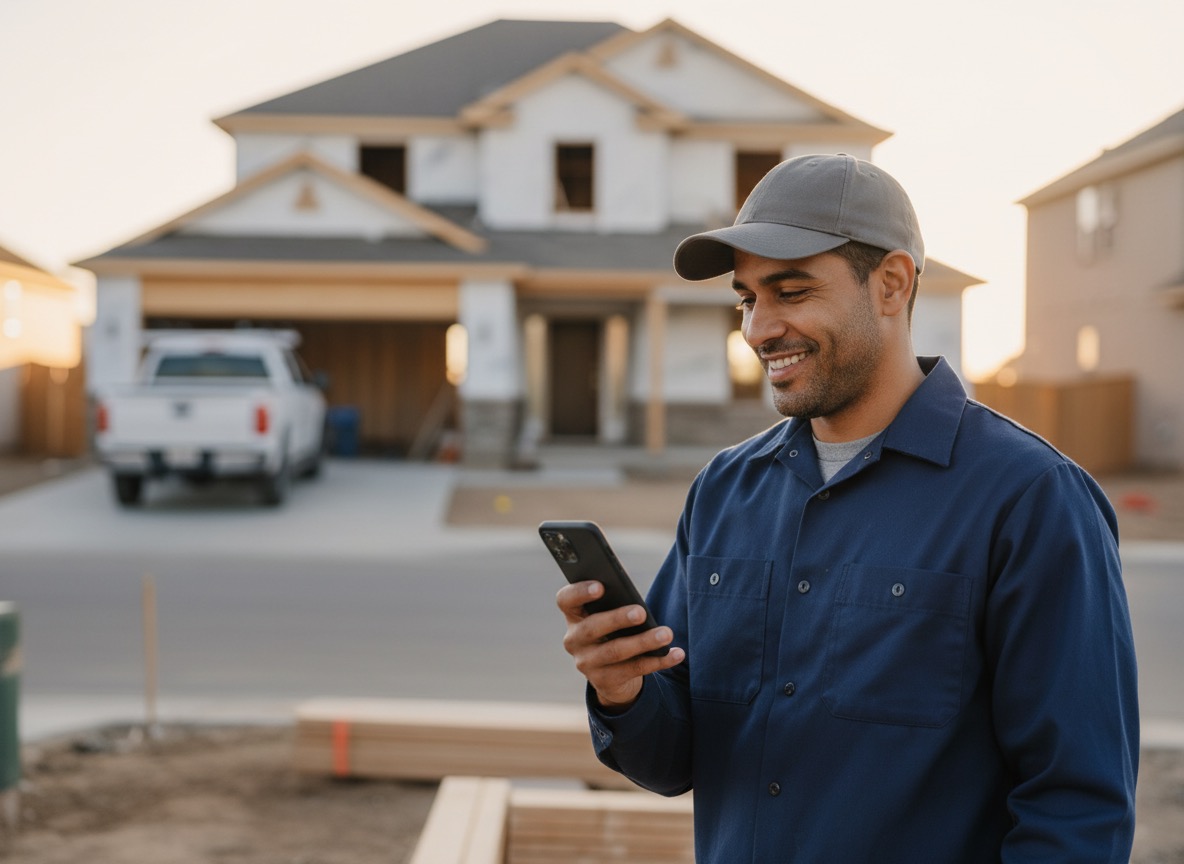 Contractor on phone in work vehicle
